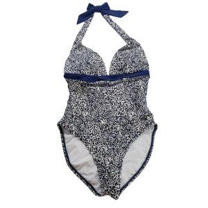 Beach Bay Floral One Piece Women Size 8 Blue Cream.